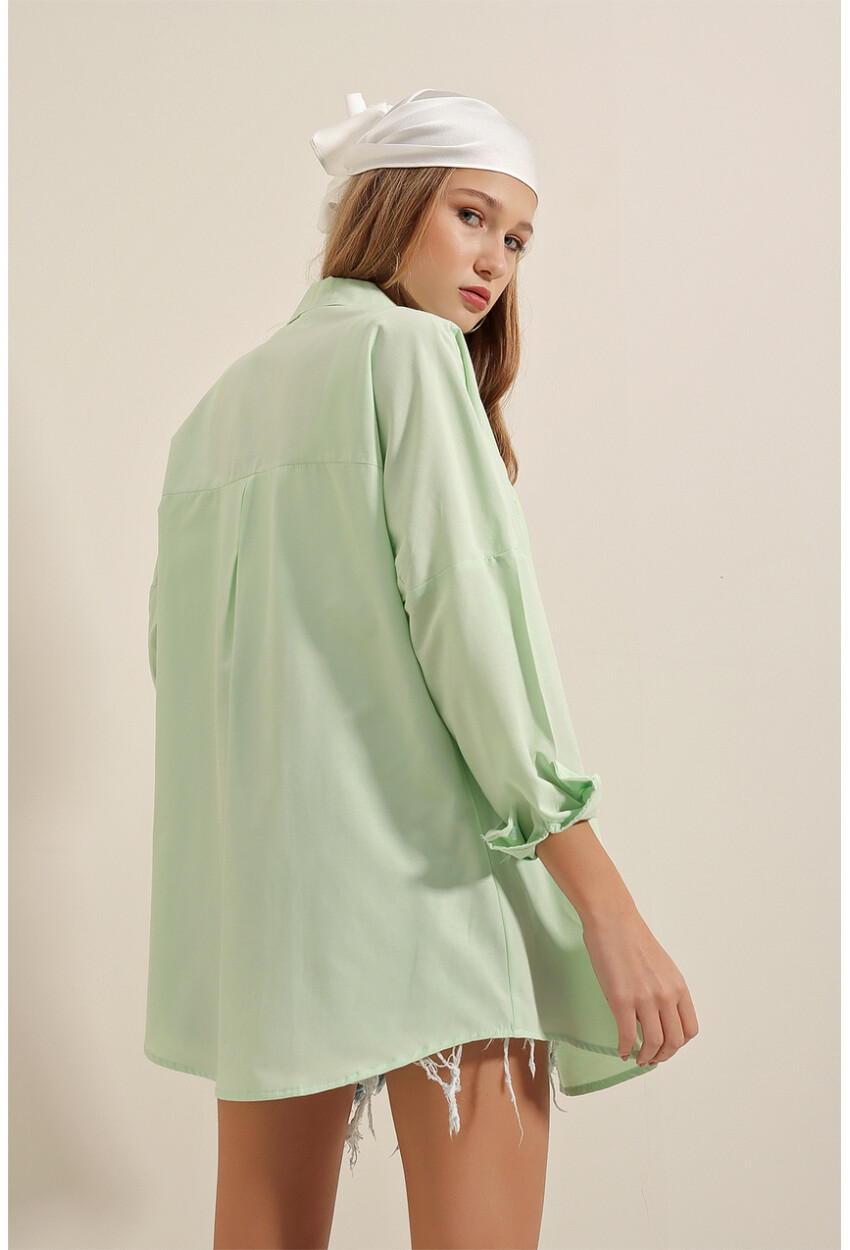 3900 Oversize Uzun Basic Gömlek - E.Yeşil
