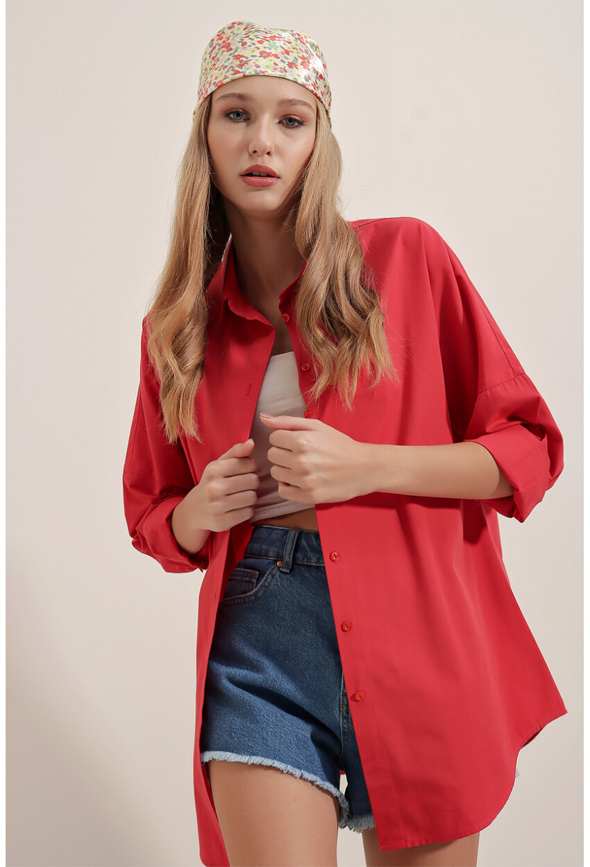 3900 Oversize Uzun Basic Gömlek - Kırmızı