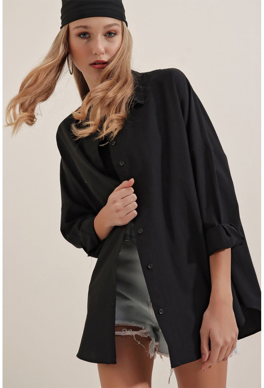 3900 Kadın Oversize Uzun Basic Gömlek - Siyah
