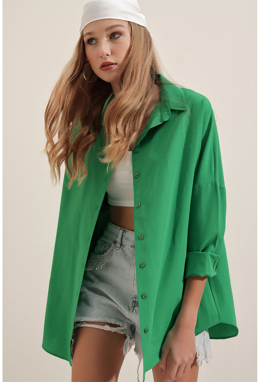 3900 Oversize Uzun Basic Gömlek - Yeşil