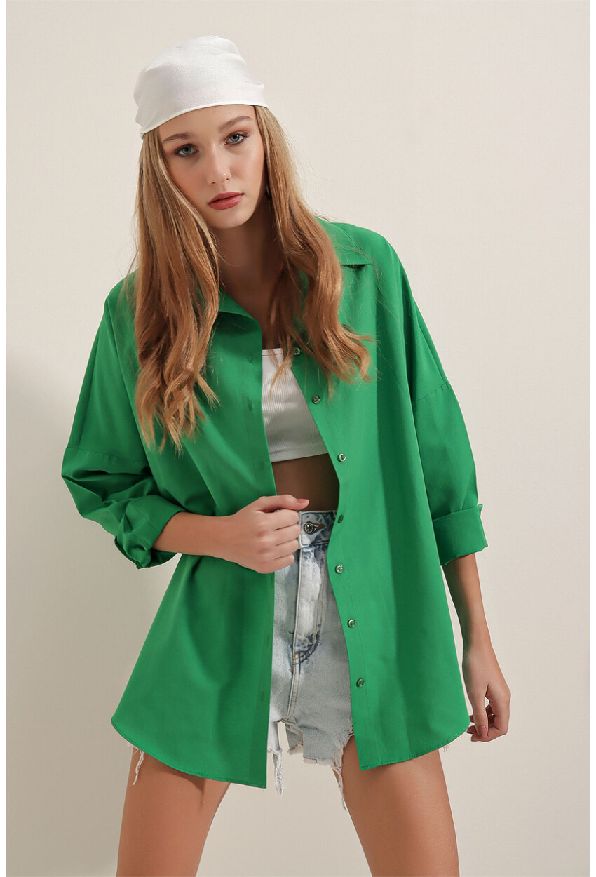 3900 Oversize Uzun Basic Gömlek - Yeşil