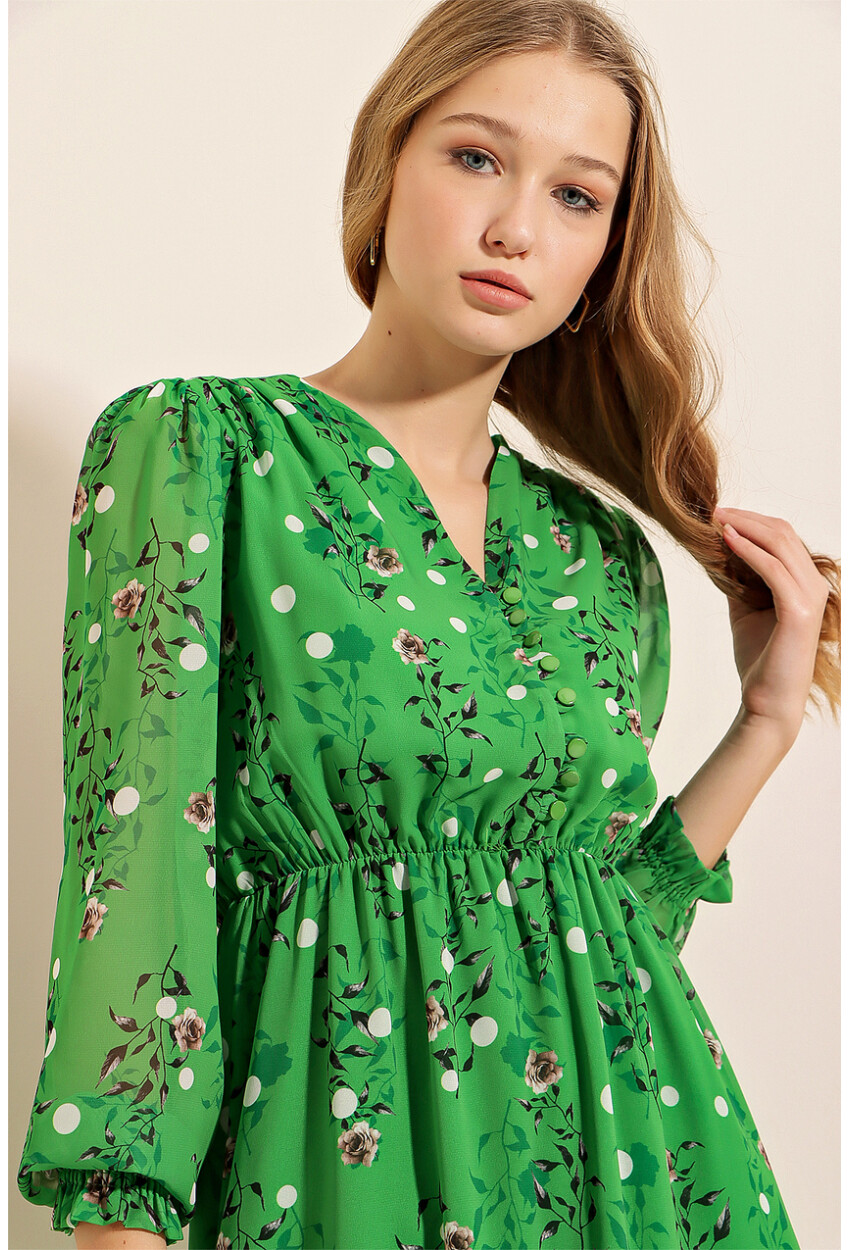 2137 Desenli Şifon Toptan Elbise - Yeşil