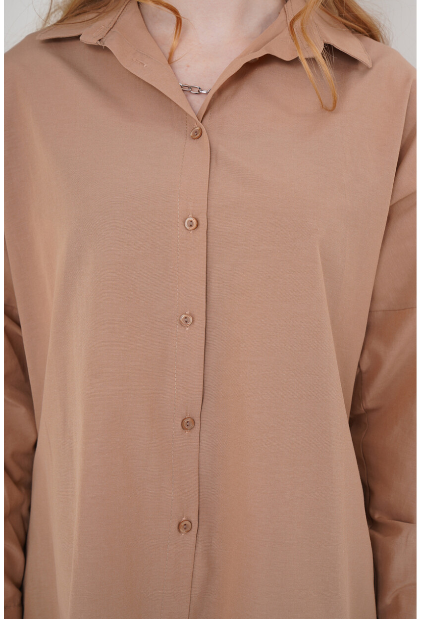 3900 Kadın Oversize Uzun Basic Gömlek - Camel