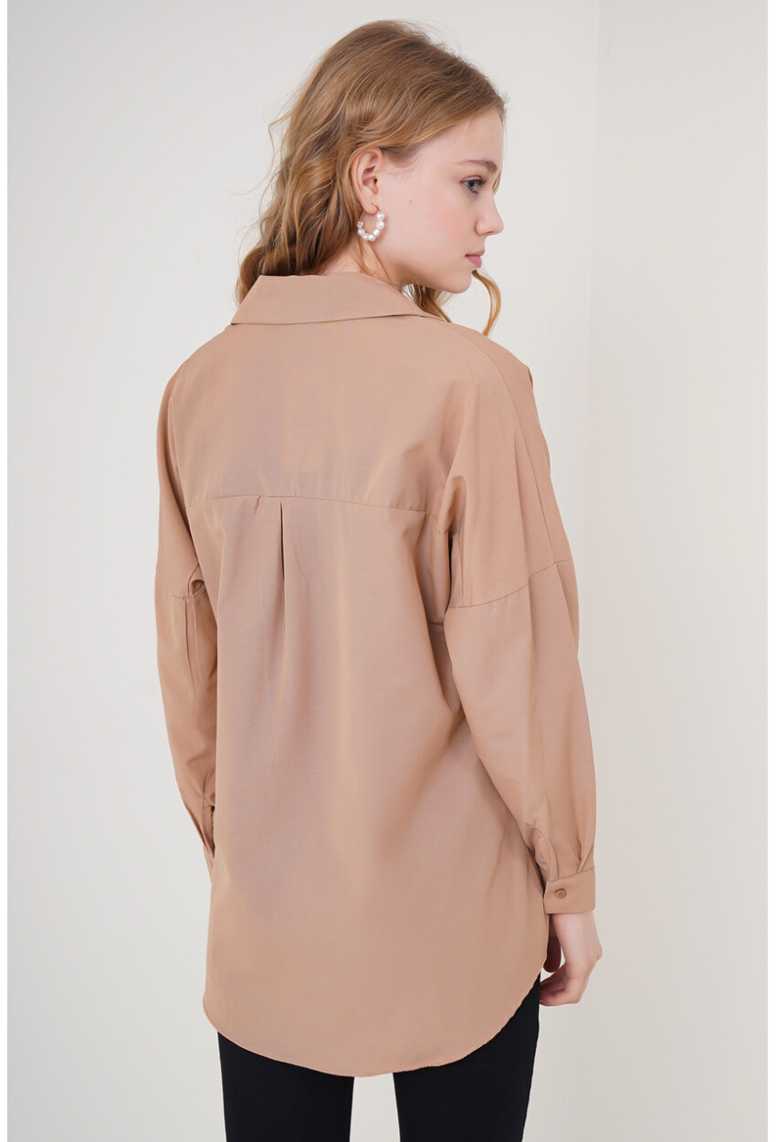 3900 Kadın Oversize Uzun Basic Gömlek - Camel