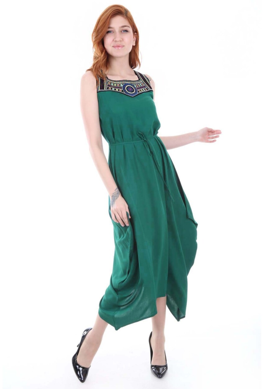 1512 Önü Nakışlı Toptan Elbise - Yeşil