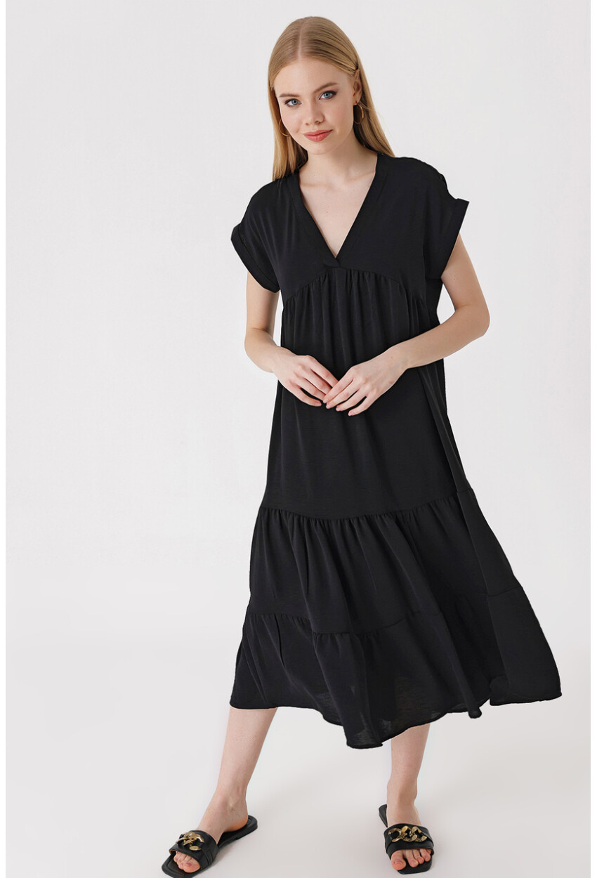 2398 V Yaka Volanlı Elbise - Siyah
