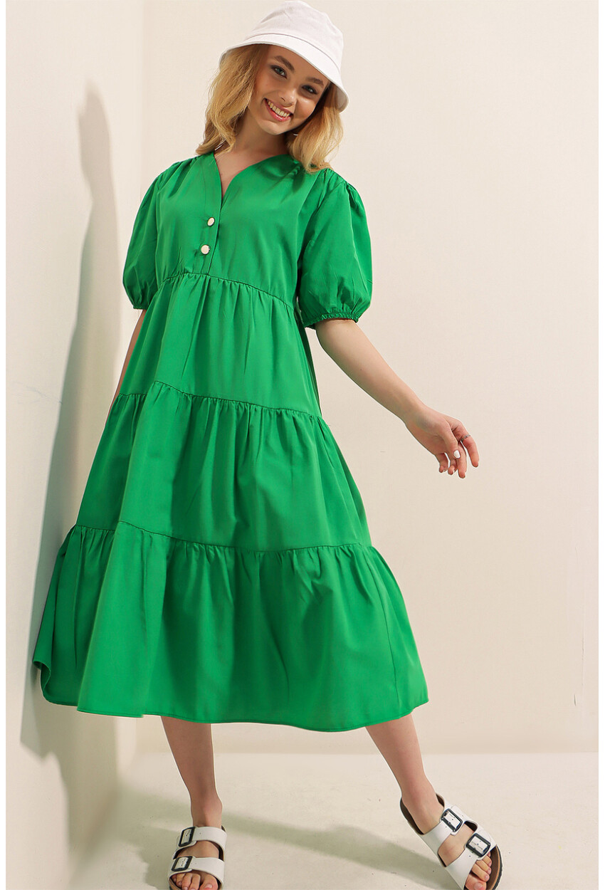 1937 Karpuz Kol Kat Kat Elbise - Zümrüt Yeşili