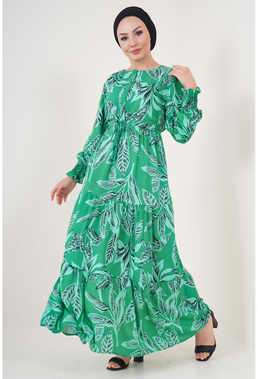 2145 Desenli Tesettür Elbise - Yeşil