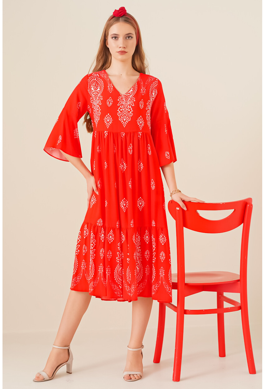 2349 V Yaka Desenli Elbise - Kırmızı