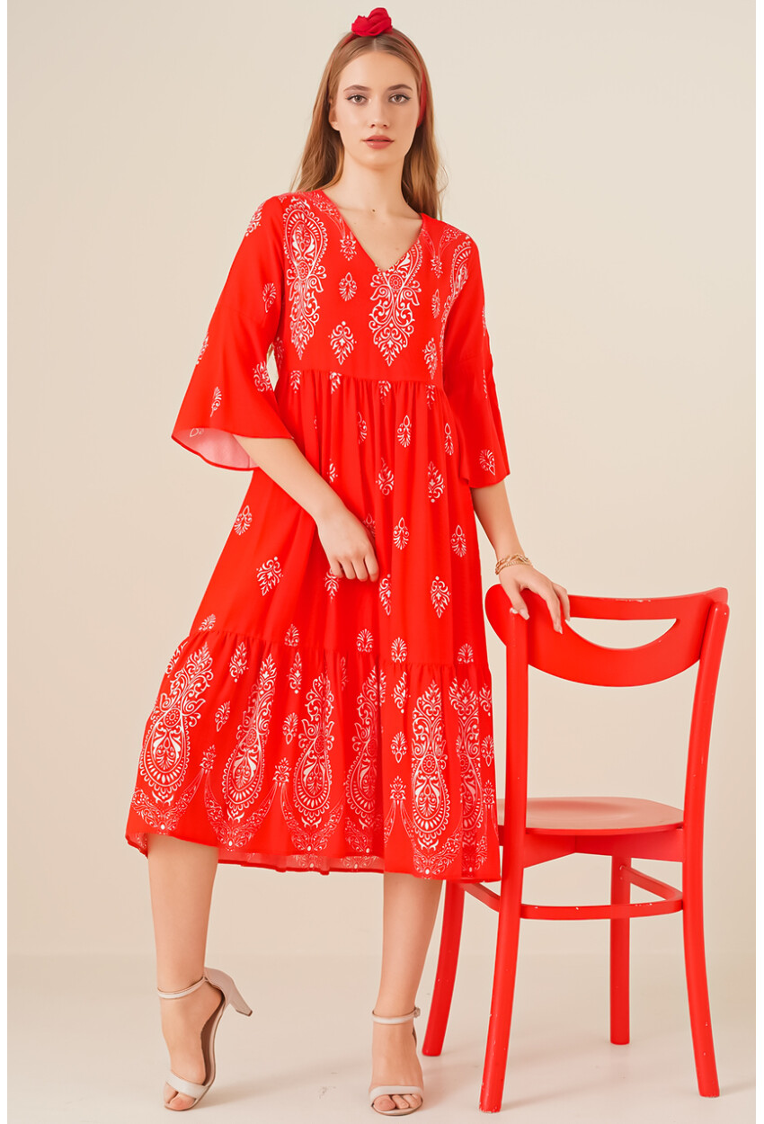 2349 V Yaka Desenli Elbise - Kırmızı