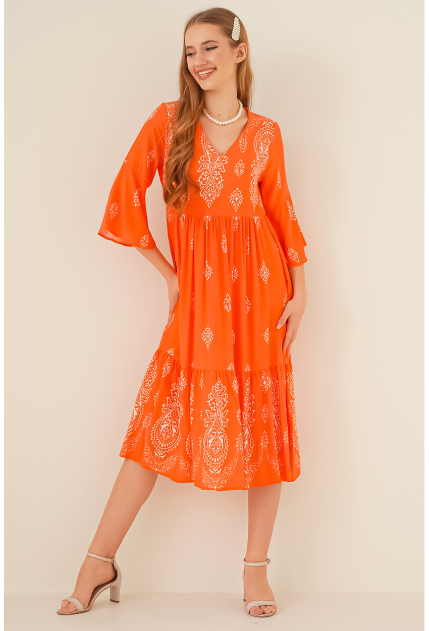 2349 V Yaka Desenli Elbise - Oranje