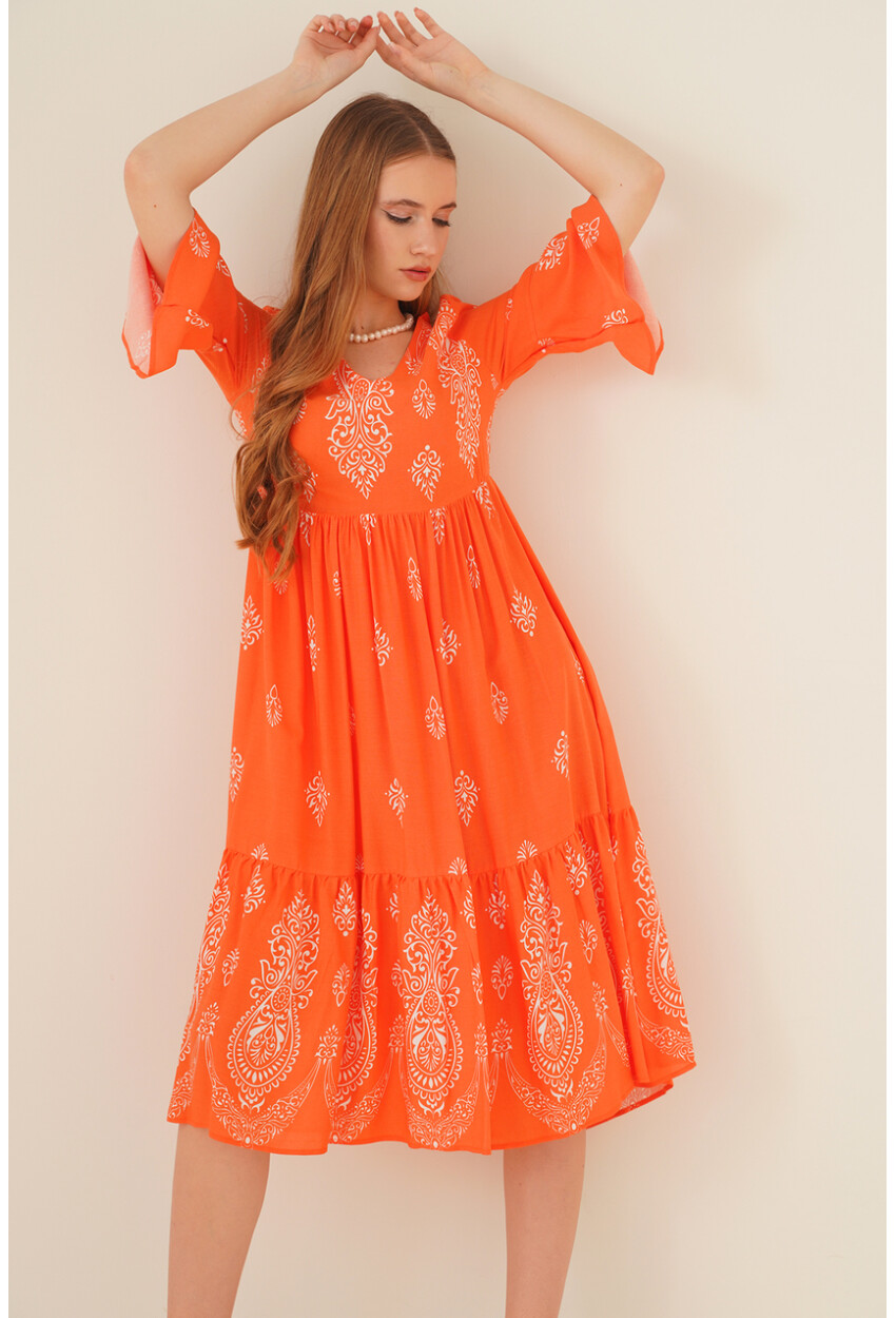 2349 V Yaka Desenli Elbise - Oranje