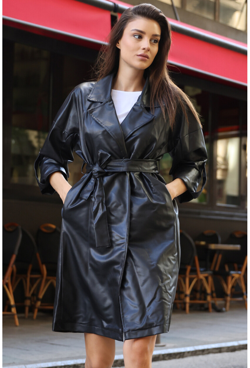 1034 Faux Leather Trench Coat With Belt