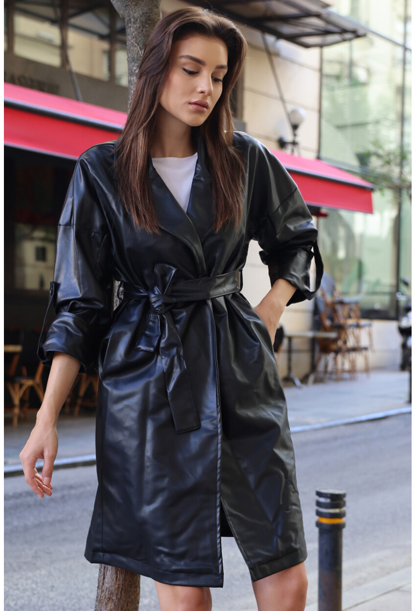 1034 Faux Leather Trench Coat With Belt