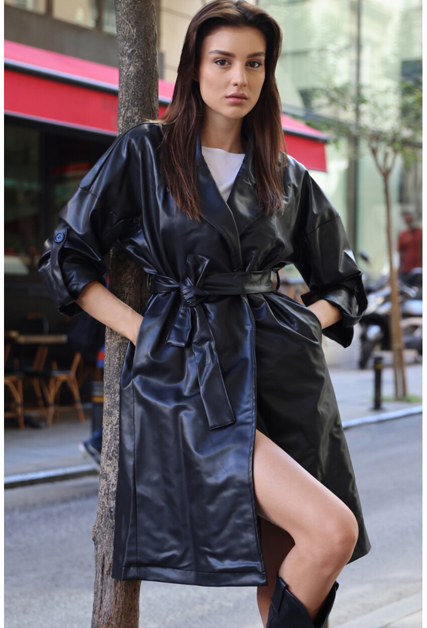 1034 Faux Leather Trench Coat With Belt