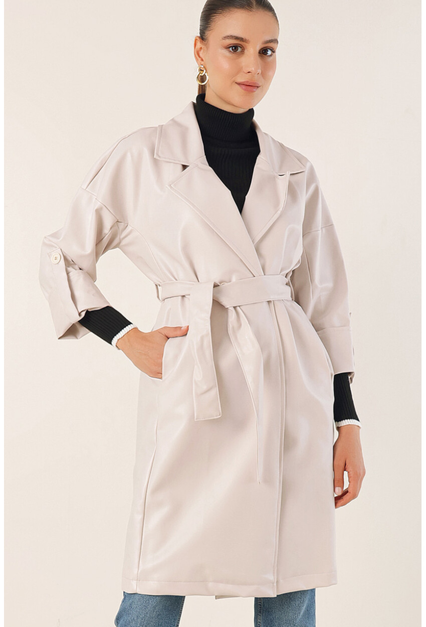 1034 Faux Leather Trench Coat With Belt