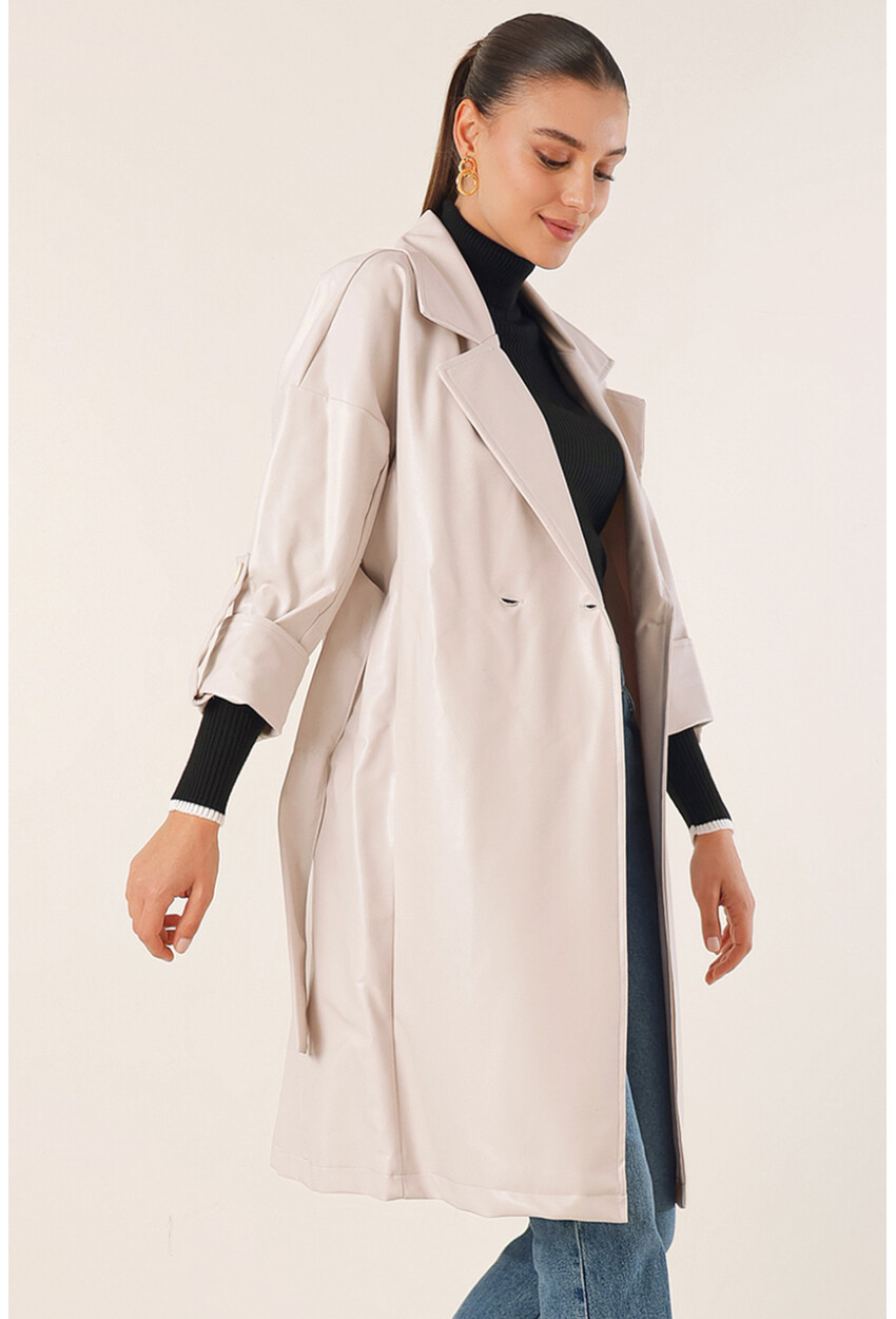 1034 Faux Leather Trench Coat With Belt