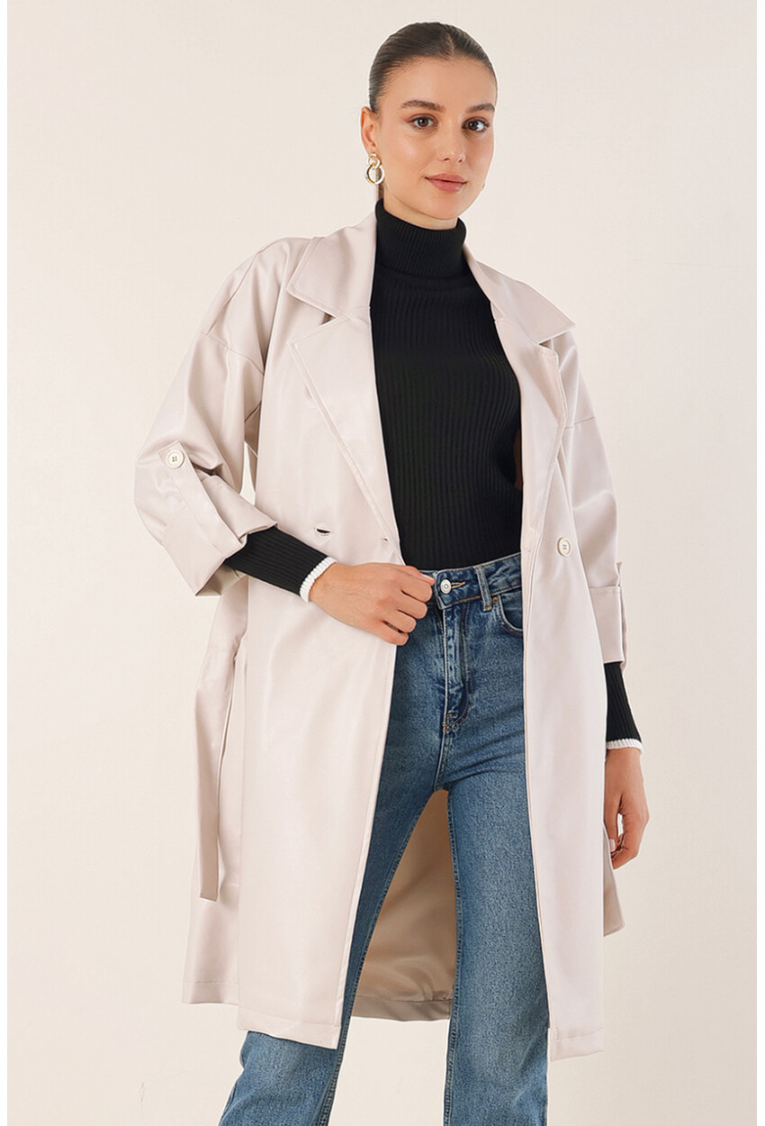 1034 Faux Leather Trench Coat With Belt