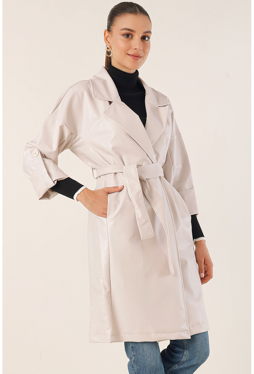 1034 Faux Leather Trench Coat With Belt