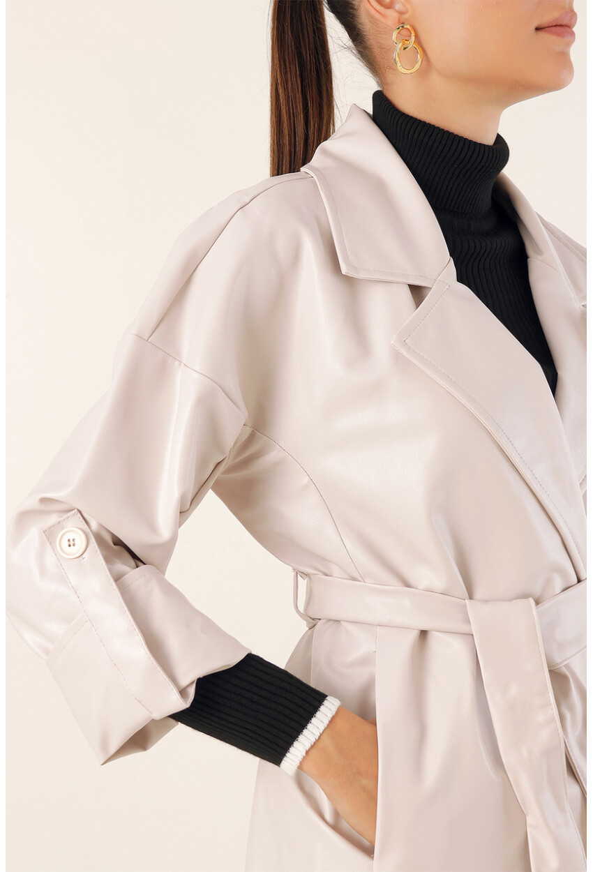 1034 Faux Leather Trench Coat With Belt