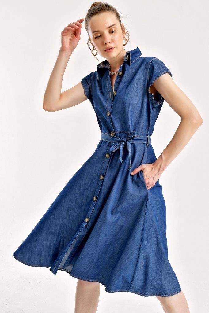 1677 Full-Length Buttoned Denim Dress With Belt