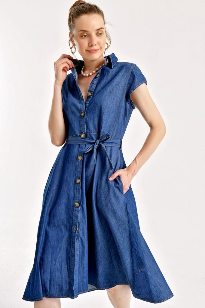 1677 Full-Length Buttoned Denim Dress With Belt