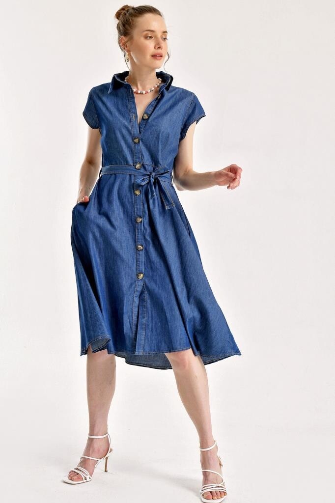 1677 Full-Length Buttoned Denim Dress With Belt