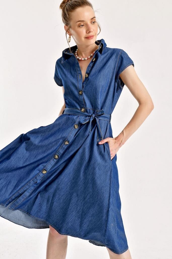 1677 Full-Length Buttoned Denim Dress With Belt