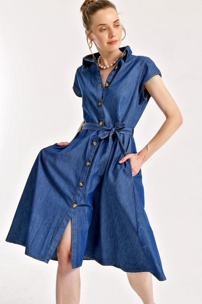 1677 Full-Length Buttoned Denim Dress With Belt