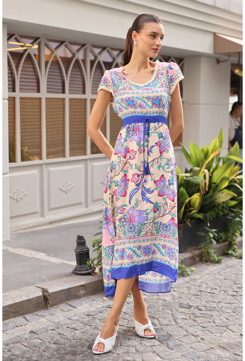 1701 Elastic Waist Patterned Dress