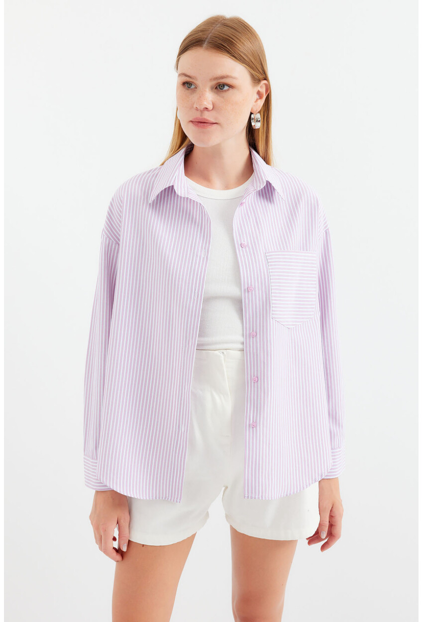 20212 Striped Oversized Shirt With Single Pocket