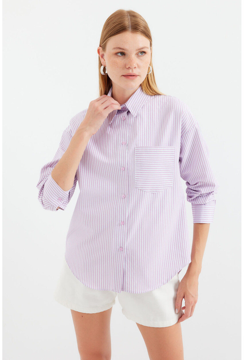 20212 Striped Oversized Shirt With Single Pocket