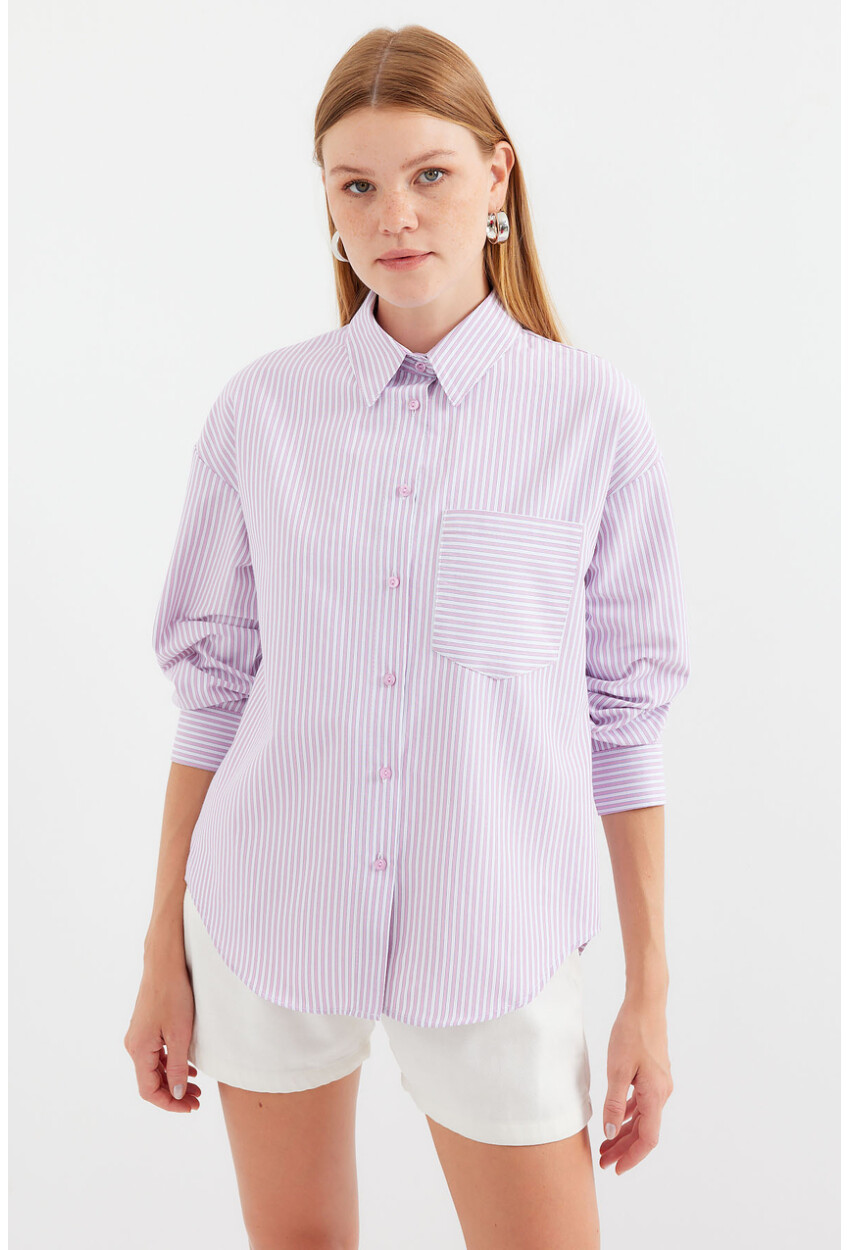 20212 Striped Oversized Shirt With Single Pocket