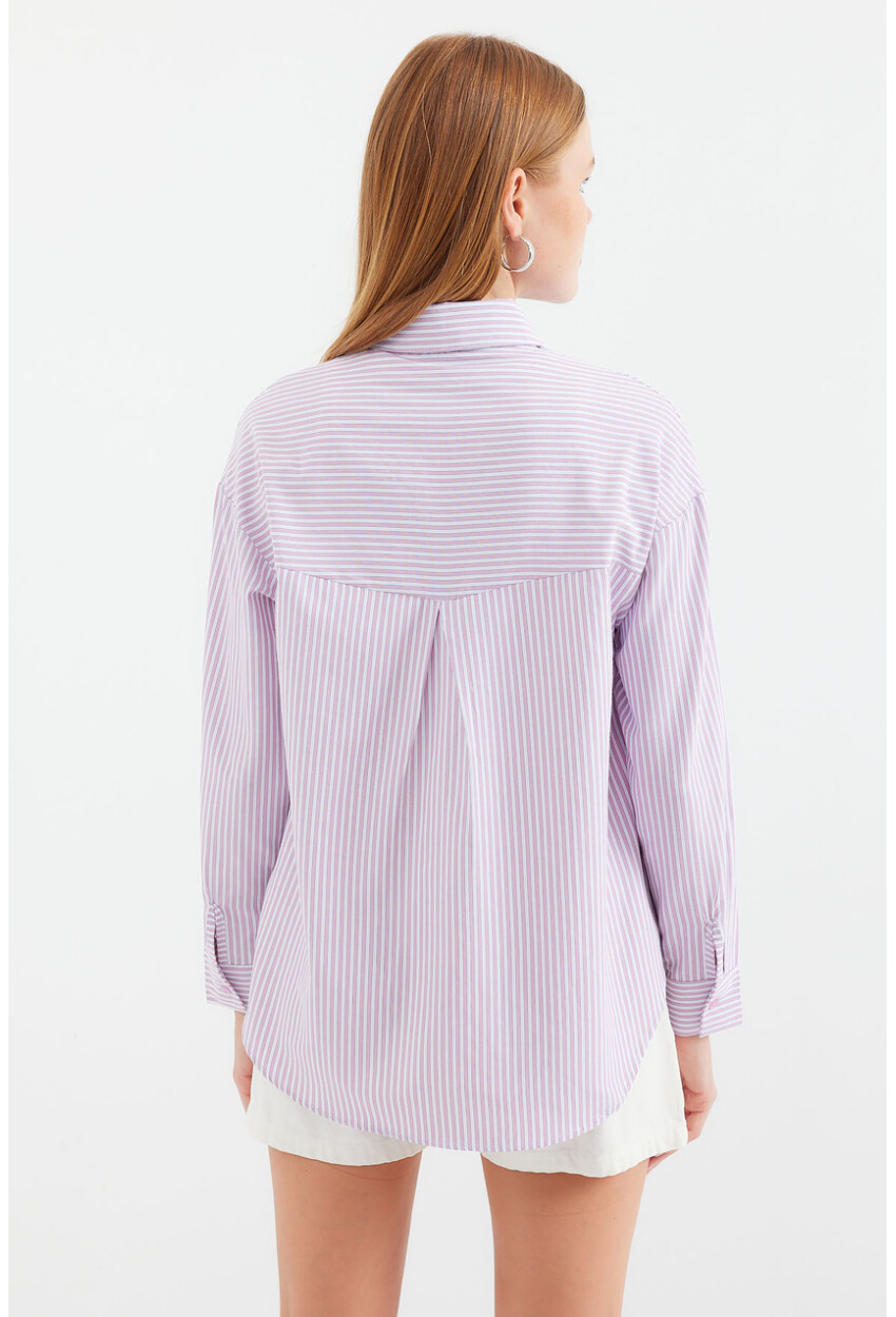 20212 Striped Oversized Shirt With Single Pocket