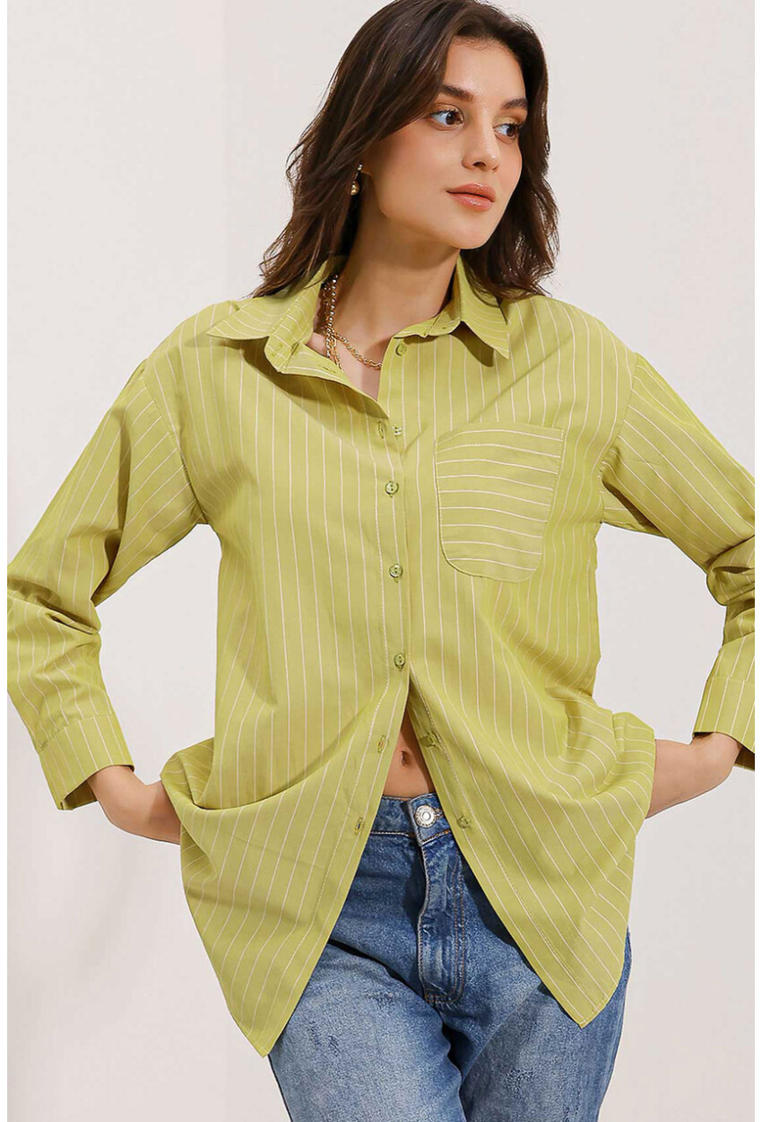 20217 Striped Oversized Shirt With Pocket Detail