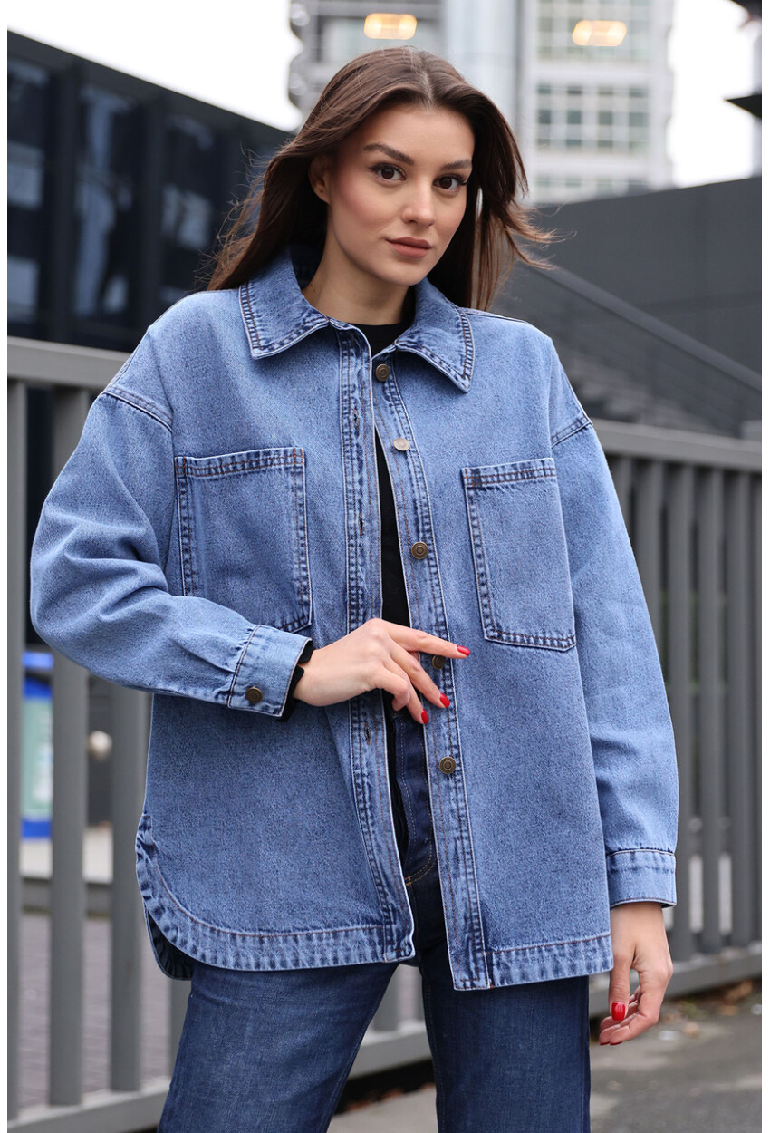 0694 Çift Cepli Oversize Denim Ceket