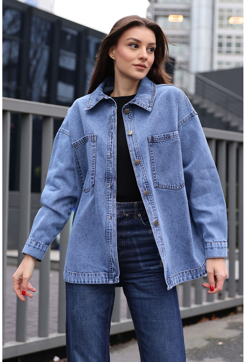 0694 Çift Cepli Oversize Denim Ceket