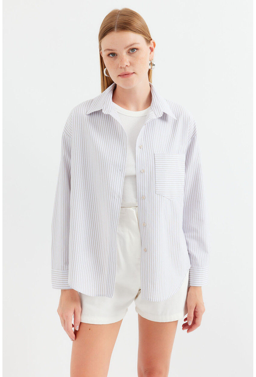 20212 Striped Oversized Shirt With Single Pocket