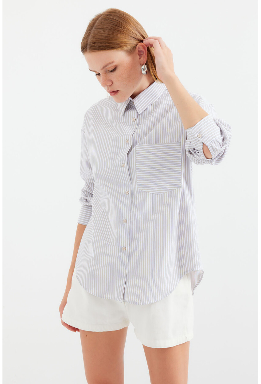 20212 Striped Oversized Shirt With Single Pocket