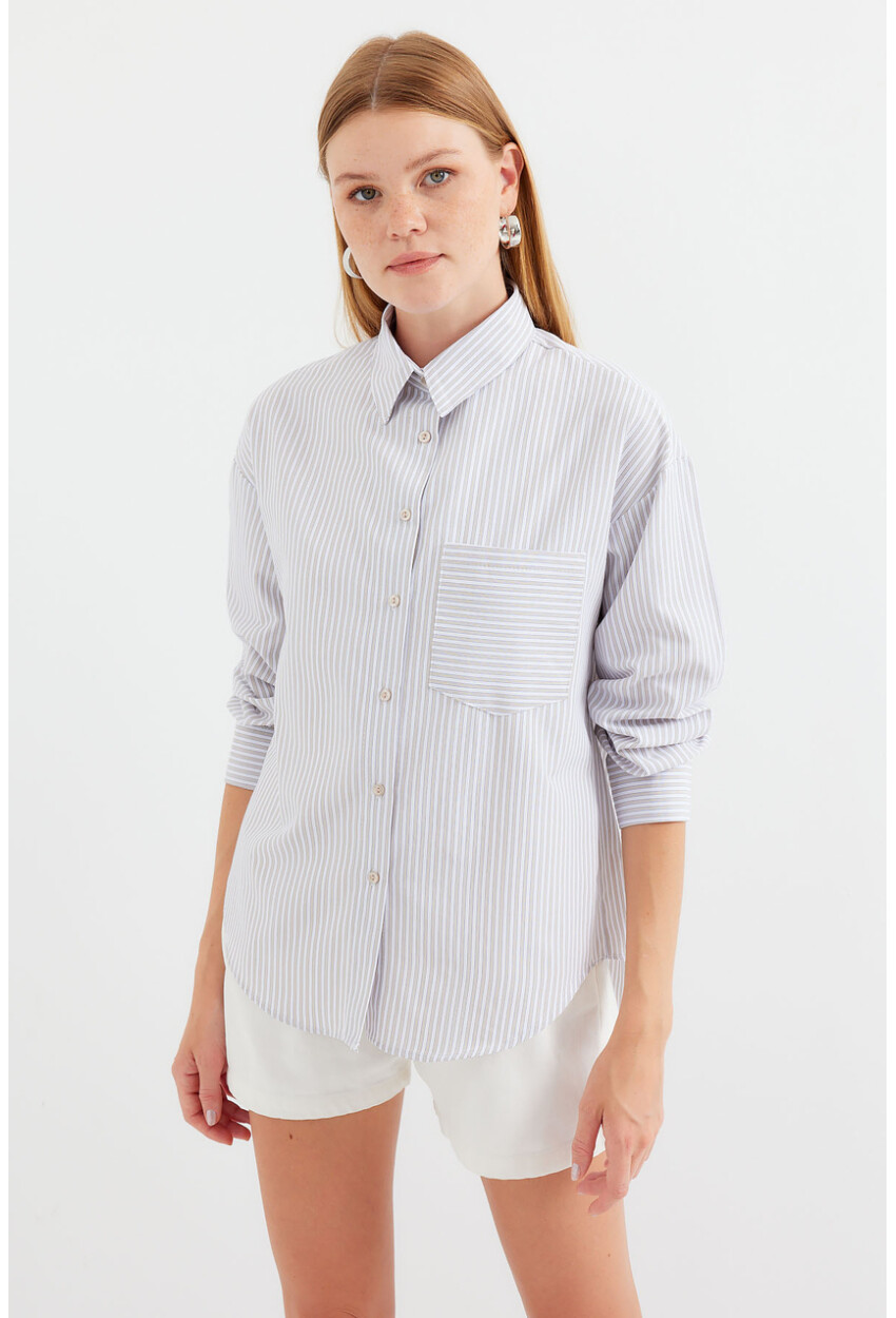 20212 Striped Oversized Shirt With Single Pocket