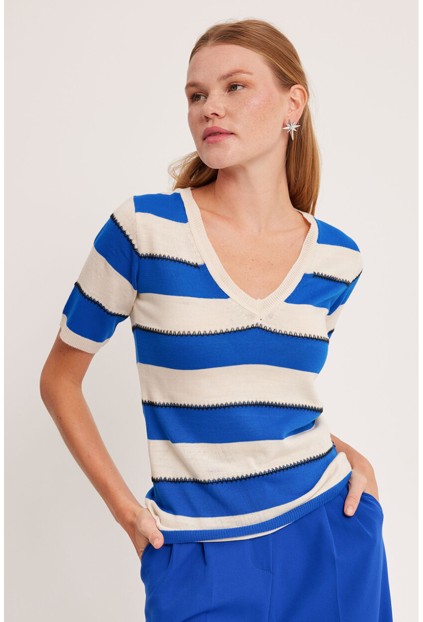 15869 Striped Short Sleeve Blouse