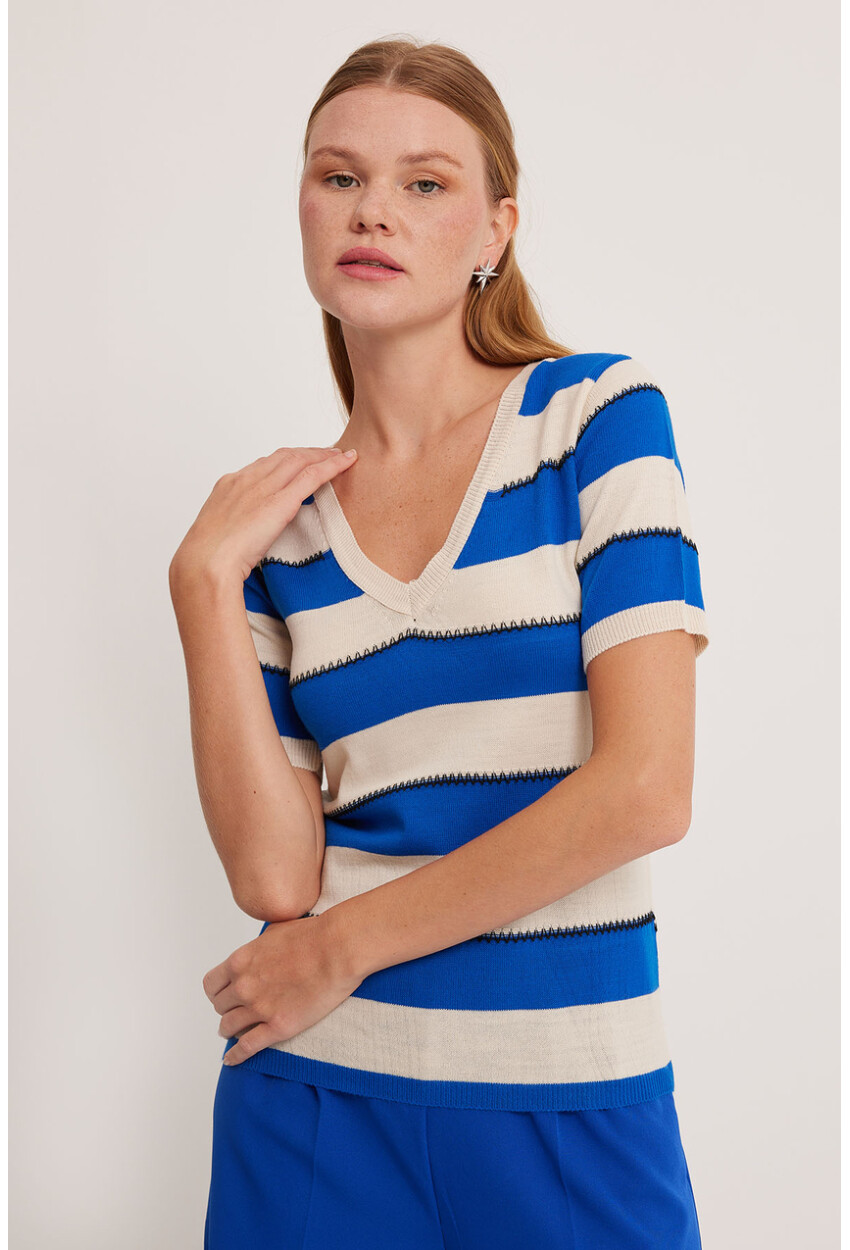 15869 Striped Short Sleeve Blouse