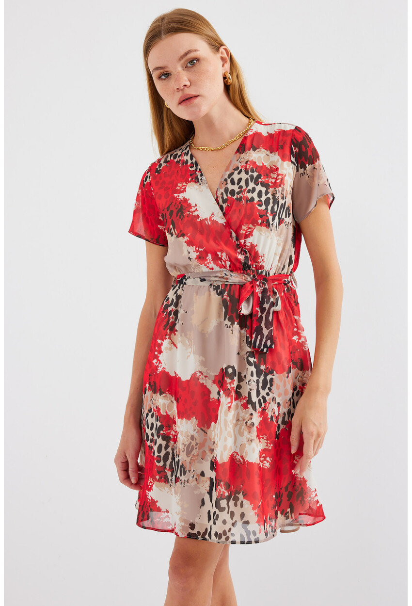 2502 Short Sleeve Patterned Chiffon Dress