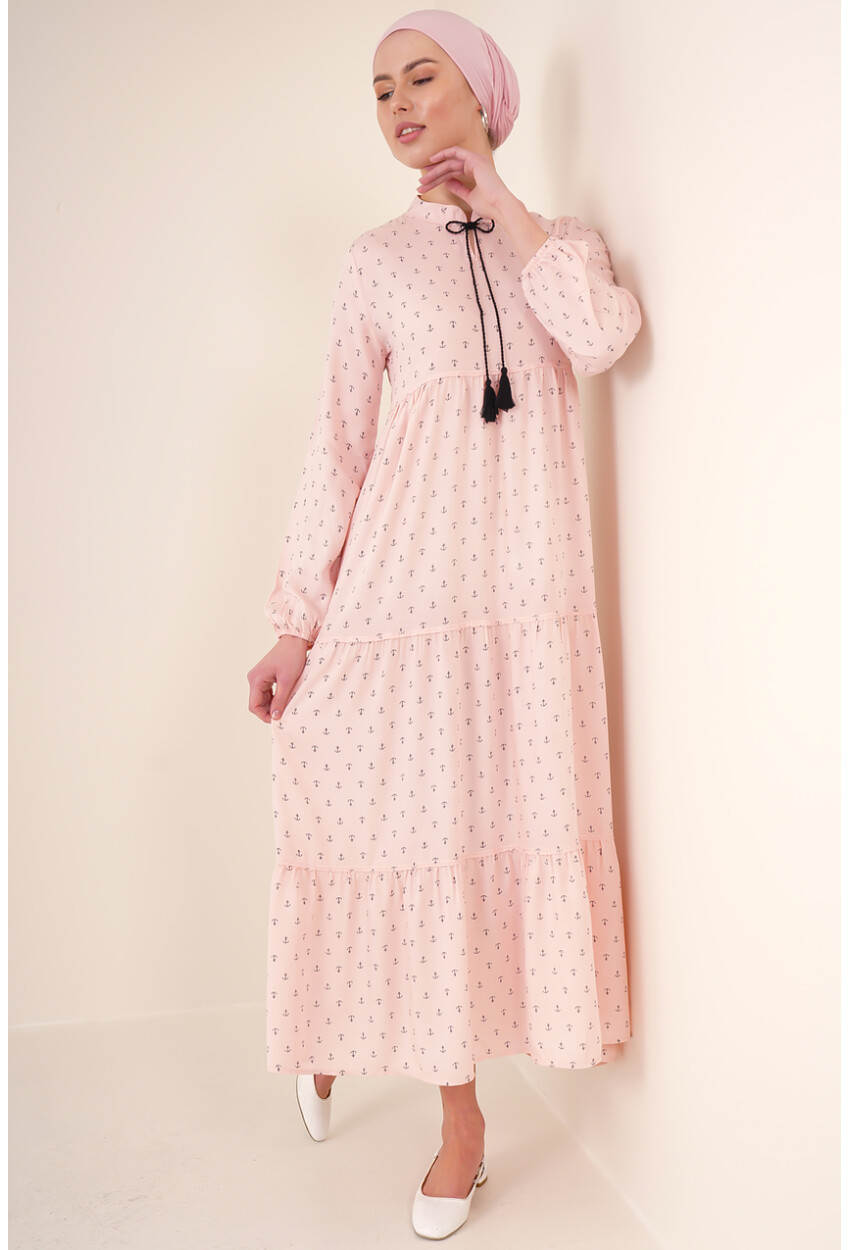 1627 Hijab Dress With Lace-Up Collar