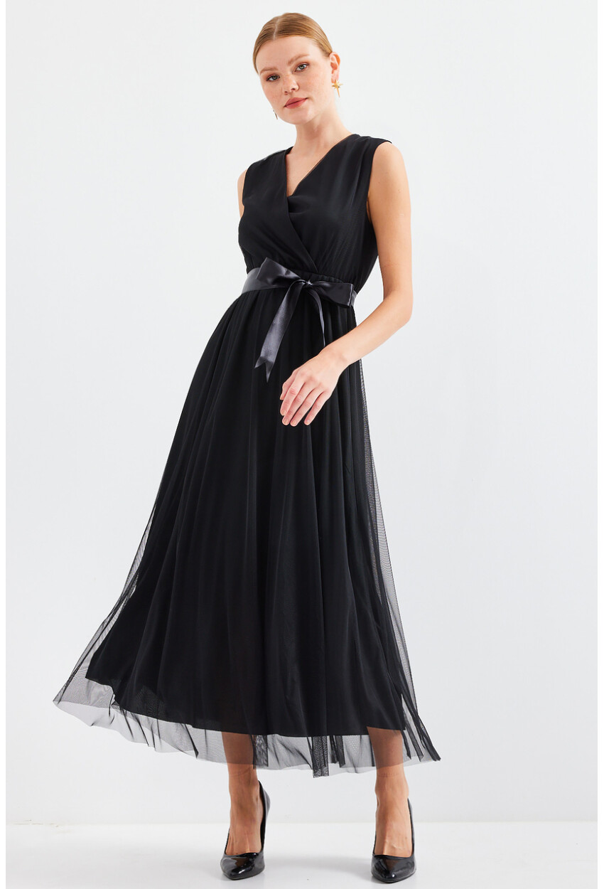 2495 Sleeveless Wrap Collar Tulle Dress