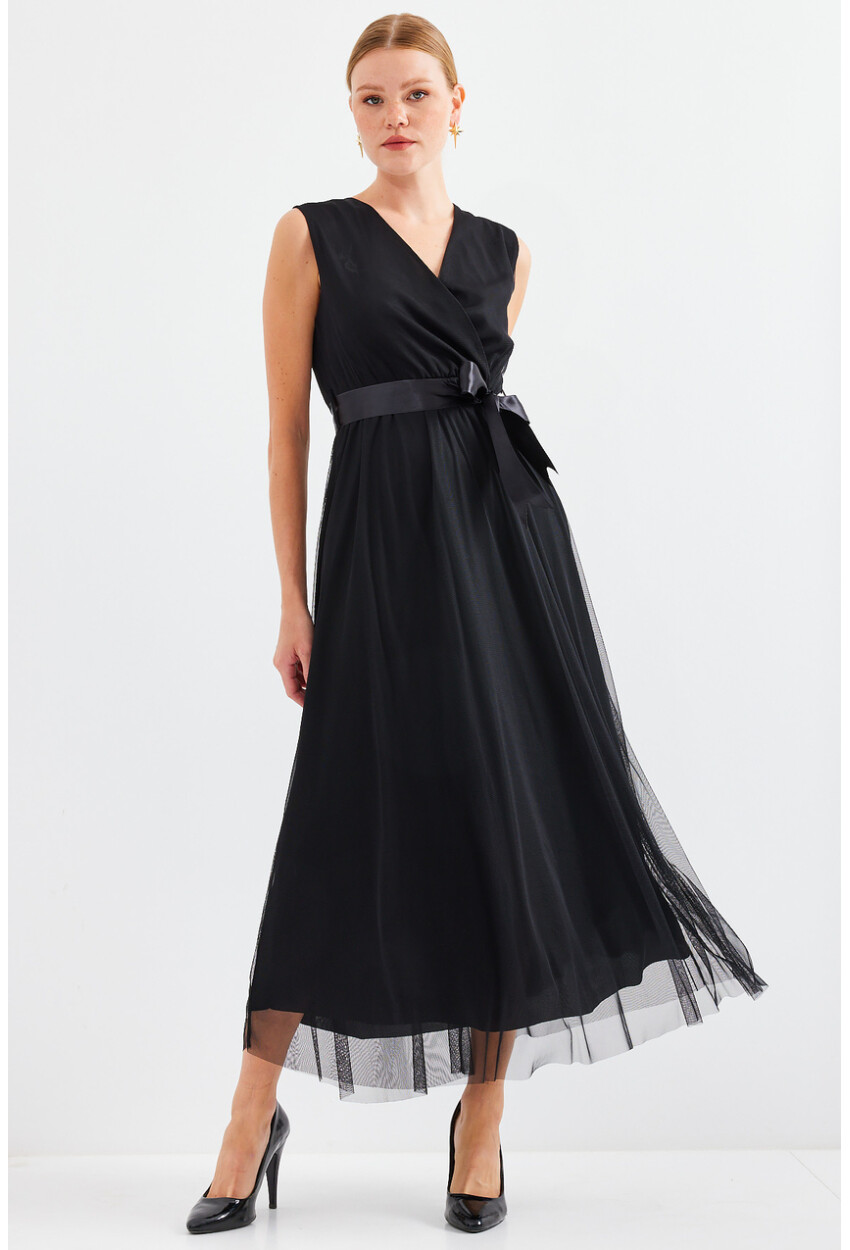 2495 Sleeveless Wrap Collar Tulle Dress