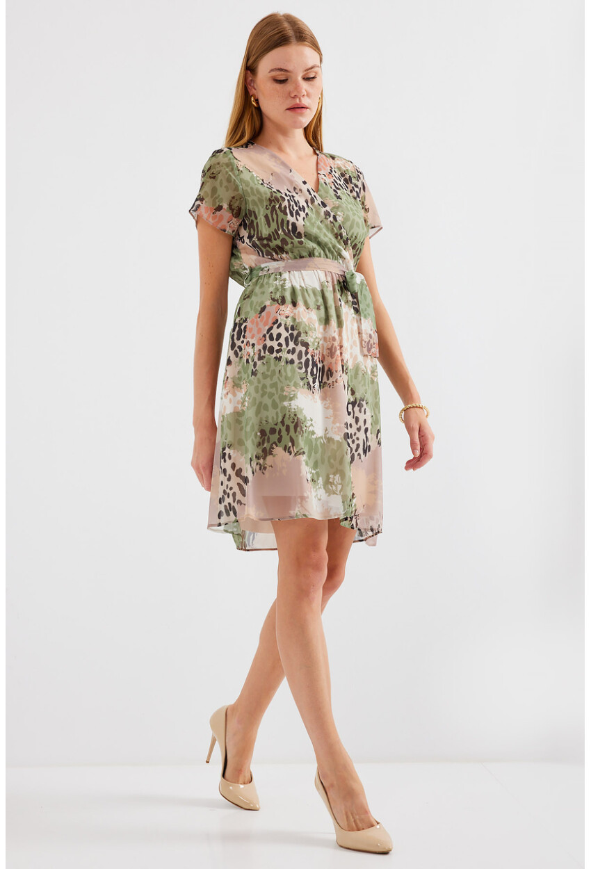 2502 Short Sleeve Patterned Chiffon Dress