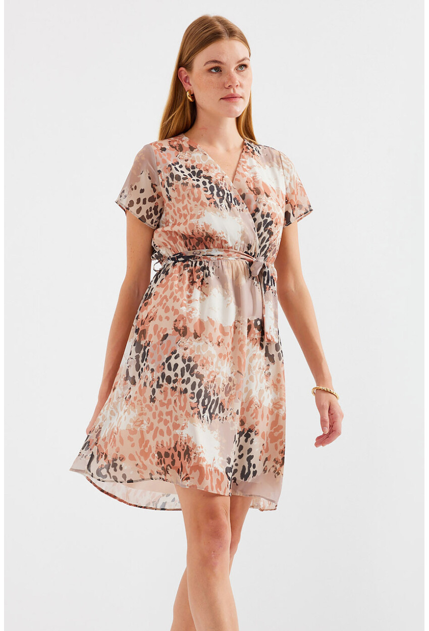 2502 Short Sleeve Patterned Chiffon Dress