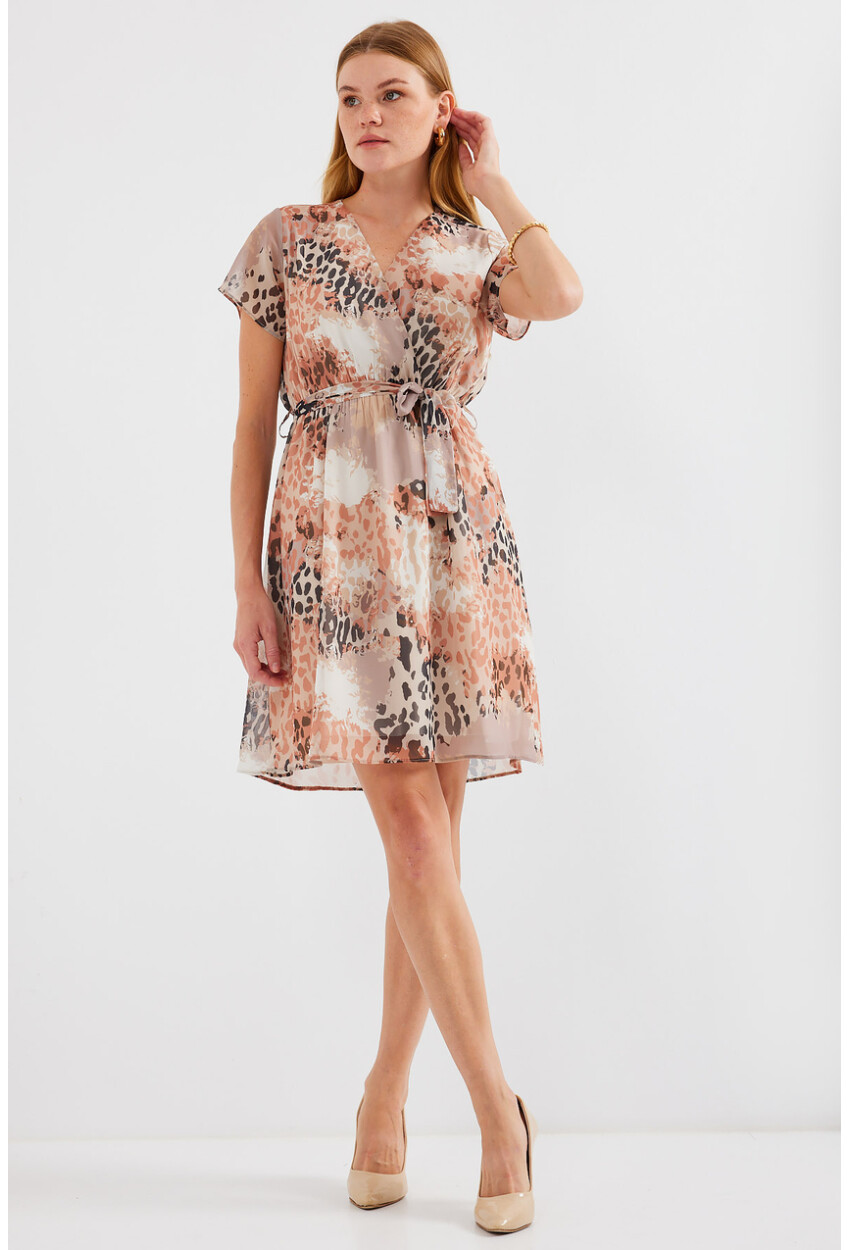 2502 Short Sleeve Patterned Chiffon Dress