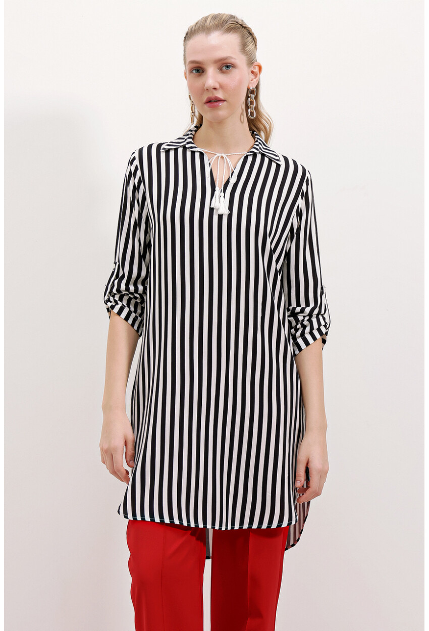 5613 Striped Tunic With Tie Collar